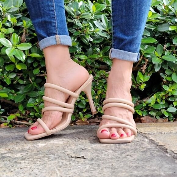 Nude Square Toe Padded Strappy Heel Sandals - Picture 1 of 7